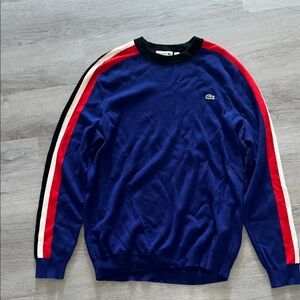 Lacoste Men's Royal Blue Crewneck Sweater with Red, White & Black Sleeve Stripes
